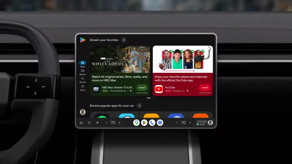 Redesigned Google Play store on a car dashboard with Google built-in