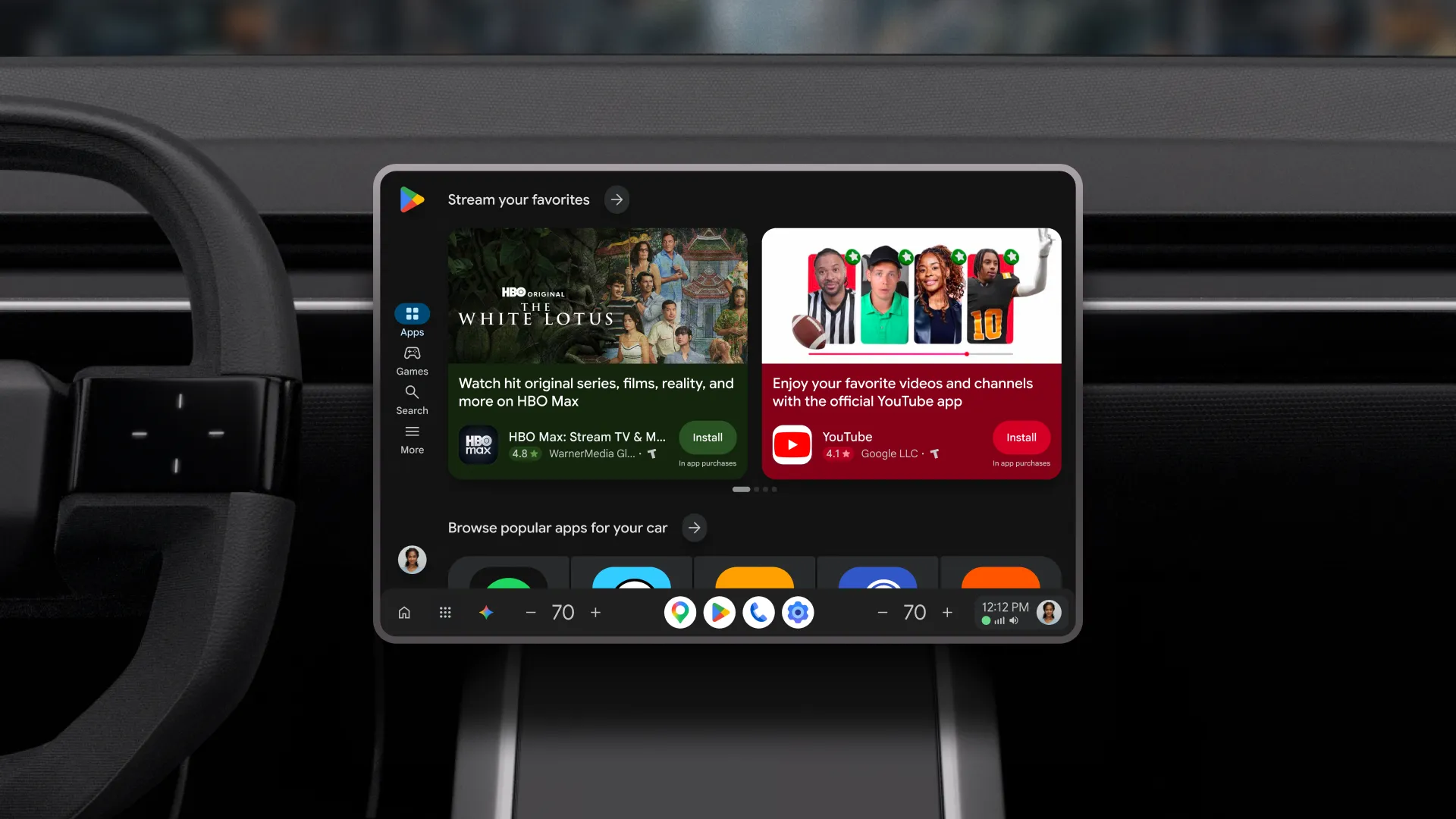 Redesigned Google Play store on a car dashboard with Google built-in